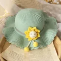 Chapeau de paille vert clair pour fille avec tournesol jaune et bord ondulé - Chapeau de paille / Chapeau d'Anniversaire Bleu Lac