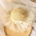 Chapeau de soleil en paille avec volants en organza jaune et nœud en dentelle - 50-52CM / Beige