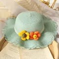 Chapeau de soleil en paille vert menthe pour fille avec dentelle et fleurs de plage - Chapeau / Bleu lac