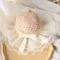 Chapeau de paille enfant kaki clair avec large bord en organza et nœud dentelle - 50-52CM / Rose