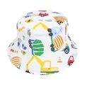 White cotton kids bucket hat featuring colorful cartoon construction vehicle prints - White Excavator Pattern