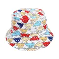 Kids white bucket hat featuring colorful cartoon car prints for sun protection - White Car