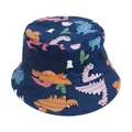 Navy blue bucket hat for kids featuring colorful cartoon dinosaur prints and stitching - Navy Dinosaur