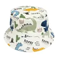 Kids cream sun hat featuring colorful cartoon dinosaur prints and green cactus motifs - Beige Dinosaur