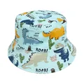 Light blue kids bucket hat featuring cartoon dinosaur prints and Roar text - Lake Blue Dinosaur