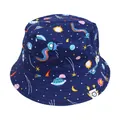 Kids navy canvas bucket hat with space graffiti including rockets and planets - Navy Blue Starry Sky Pattern