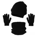 Flat lay of black winter knit set showing hat, gloves with touchscreen tips and neck warmer - One Size / Pure Black