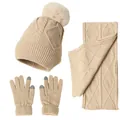 Winter knitted beanie scarf and touchscreen gloves set with pom-pom in beige - Beige