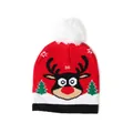 Rode kerst gebreide muts voor kinderen met rendierpatroon en witte pluizige pompon - Kersthertenkop