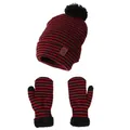 Winter gebreide muts en wanten set met rood-zwarte strepen en grote zwarte pompon - Rood en Zwart Gestreept