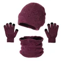 Conjunto de invierno de 3 piezas con gorro, bufanda y guantes táctiles en punto morado - Talla única / Rojo Rosa Jaspeado