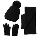 Winter 3-piece knit set featuring black beanie with pompom, scarf and gloves - Black