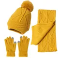 Ginger yellow knitted 3-piece winter set with pompom hat, scarf, and touch gloves - Yellow