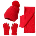 Three-piece red winter knit set with pom-pom hat, scarf, and touchscreen gloves - Red