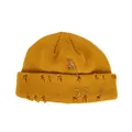 Street punk bright yellow knit beanie featuring safety pin and triple silver ring accents - One Size / Yellow