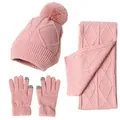 Pink winter knit set including pom-pom hat, scarf, and touchscreen gloves - Dusty Pink