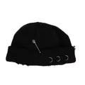 Black distressed knit beanie with three silver rings and metal safety pin accent - One Size / Black