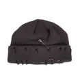 Dark grey knitted beanie featuring silver safety pins and metal rings in punk street style - One Size / Gray