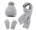 Three-piece winter set with grey knit beanie, long scarf and gloves in cable knit - Gray