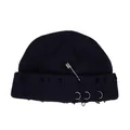 Distressed dark navy knit beanie featuring metal safety pin and triple silver ring accents - One Size / Navy Blue