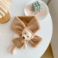Plush light brown toddler scarf featuring a cute cream-colored 3D teddy bear doll - Khaki