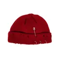 Burgundy knitted beanie with safety pin and metal rings featuring distressed details - One Size / Burgundy