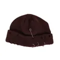 Distressed dark brown knit beanie with silver metal safety pin and three ring accents - One Size / Caramel color