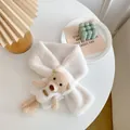 Plush white scarf with a 3D teddy bear and leather patch for kids in a warm setting - White