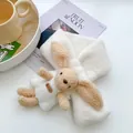 Plush white kids scarf featuring a cute brown rabbit doll with soft faux fur texture - Milk White