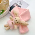 Pink plush kids scarf with a cute rabbit doll and a soft faux fur crossed design - Soft Pink