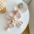 Cozy pink plush kids scarf with cute teddy bear character and soft faux fur texture - Beige