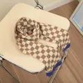 Brown and beige checkered knit scarf for children with bright blue ribbed edge detail - Khaki Color Block Grid
