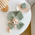Light green plush teddy bear scarf with cross-over design for children winter warmth - Bean Green