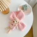Pink plush children scarf featuring a cute 3D brown teddy bear decoration - Soft Pink