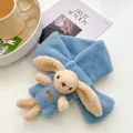 Sky blue plush children's winter scarf featuring a cute beige rabbit doll and pom-pom detail - Sky Blue