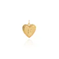 Macro detail of 18K gold plated heart pendant with letter F and sunburst texture - Letter F Style