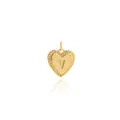 Detail of 18K gold-plated heart pendant featuring a 3D letter V with sunburst texture - Style Letter V