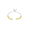 Macro shot of silver-tone bolo bracelet featuring six round yellow bezel-set gemstones - Yellow