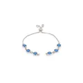 Detail of silver chain bracelet with six round blue gems and adjustable slider clasp - Sapphire Blue