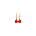 Macro detail of 18K gold plated teardrop earrings with red stone and small pearls - Red