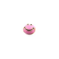 Close-up of pink enamel smiley face charm with gold edges for DIY jewelry making - Violet