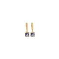 Close-up of 18K gold plated hoop earrings featuring micro-pave zircons and blue square stones - Purple