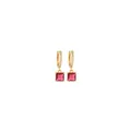 Macro detail of 18K gold plated earrings with zircon paving and square pink gemstones - Red