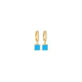 Macro view of 18K gold plated square turquoise drop earrings with micro-set zircon - Sky Blue