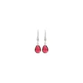 Macro detail of silver-tone drop earrings with pear-cut rose red gem and white pearls - Red