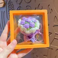 Handmade crochet purple flower bouquet keychain with bell in a 3D display box - Purple Rose (with Orange Suspension Box)