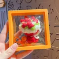 Handmade crochet strawberry cake keychain in a square orange PE film display box - Red Rose (with Orange Suspension Box)