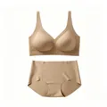 Detail eines nahtlosen hautfarbenen BH-Sets ohne Bügel und Slip mit hoher Taille - S / Dunkelbeige