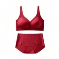 Ensemble soutien-gorge sans coutures rouge foncé col V sans armature et culotte assortie - Rouge