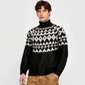 Men's turtleneck knitted sweater with geometric diamond pattern for winter - Black